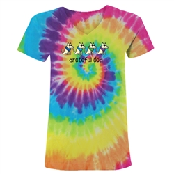 Grateful Dog Ladies V-Neck T Shirt. Vintage Rainbow Spiral Tie-Dye.