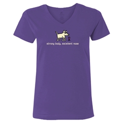 Strong Body Excellent Nose Ladies V-Neck T Shirt. Purple.