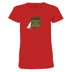 Thank Dog it's Friday Ladies T Shirt. Red.