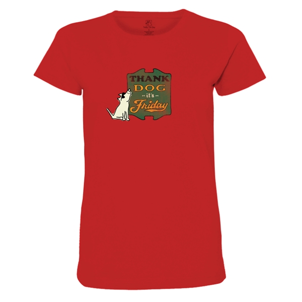Thank Dog it's Friday Ladies T Shirt. Red.