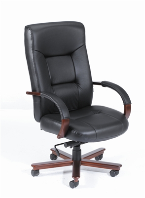 Boss Executive Leather High Back Chair W/ Mahogany Finished Wood W/ Knee Tilt