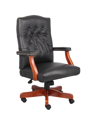 Boss Executive Black Leather Chair With Cherry Finish