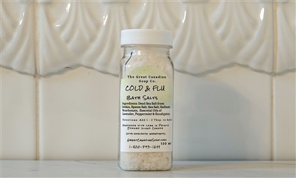 120 ml container of CF Eucalyptus Bath Salts - 100% Natural, designed to alleviate aches and chills.