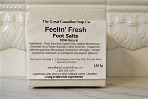 Feelin' Fresh Foot Salts - 1.35  (2.98 lds)
1.35 kg cardboard box of Feelin' Fresh Foot Salts - 100% Natural, invigorating blend of Citrus, Mint, Rosemary, Juniper, and Eucalyptus Essential Oils