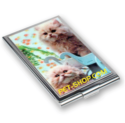 Lenticular business card case with custom cat pet shop, depth