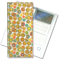 Lenticular business card file with cute yellow flowers and happy faces, flip with