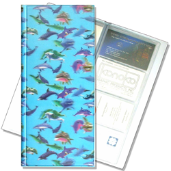 Lenticular business card file with purple and green dolphins swim in ocean, depth