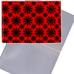 Lenticular business card holder with red spinning wheels on white background, animation