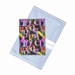 Lenticular business card holder with rainbow alphabet letters on black background, depth