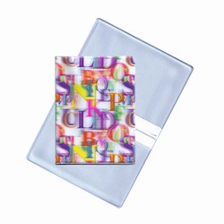 Lenticular business card holder with rainbow alphabet letters on white background, depth