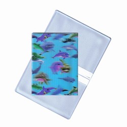 Lenticular business card holder with purple and green dolphins swim in ocean, depth