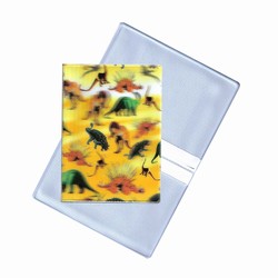 Lenticular business card holder with red green yellow dinosaurs, depth