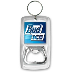 Lenticular acrylic bottle opener with Bud Ice beer, dark blue and light blue gradient, color changing