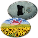 Lenticular magnetic bottle opener with bright yellow sunflowers blooming in an open field, depth