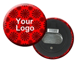 Lenticular magnetic bottle opener with red spinning wheels on white background, animation