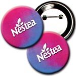 Lenticular 3 inch diameter button with red and blue gradient, color changing