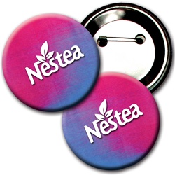 Lenticular 3 inch diameter button with red and blue gradient, color changing