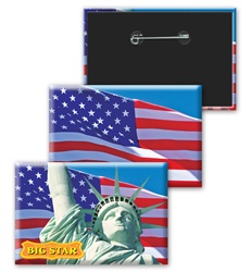 Lenticular button with Statue of Liberty and American flag, flip