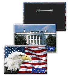 Lenticular button with American flag, bald eagle, and White House, flip