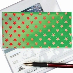 Lenticular checkbook cover with white and red stars on a green background, color changing flip