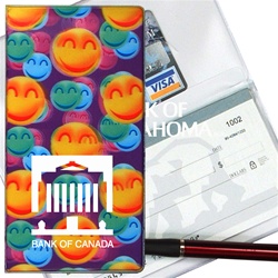 Lenticular checkbook cover with large orange, green, and blue happy faces, depth