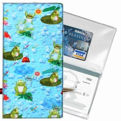 Lenticular checkbook cover with frogs sit on lily pads and catch flies with their tongue, flip