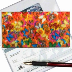 Lenticular checkbook cover with vibrant spring time flowers and butterflies, flip