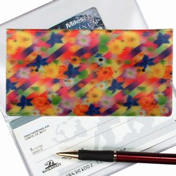 Lenticular checkbook cover with multicolored flowers on a rainbow background, depth