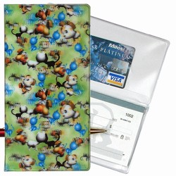 Lenticular checkbook cover with dogs barking and cats meowing, green background, depth