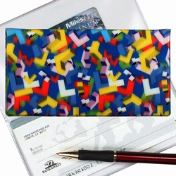 Lenticular checkbook cover with multi colored L shapes on a blue background, depth