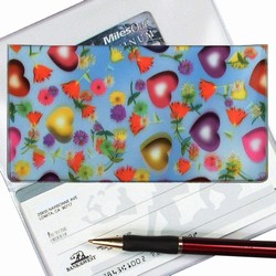 Lenticular checkbook cover with multi colored hearts and flowers on a sky blue background, depth