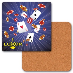 Lenticular coaster with Las Vegas casino chips, cards and dice explode from the center, depth