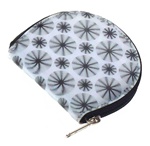 Lenticular coin purse with black spinning wheels on white background, animation