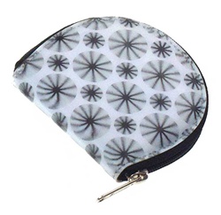 Lenticular coin purse with black spinning wheels on white background, animation