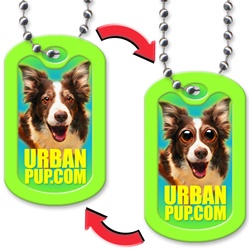 Lenticular dog tag with Lassie type dog's eye grow and buldge out of its head, flip