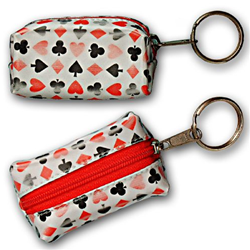Lenticular purse key chain with playing cards with clubs, spades, diamonds, and hearts, color changing flip