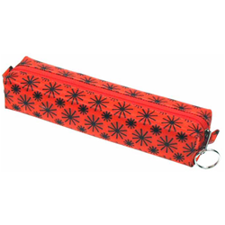 Lenticular Globo pencil case with black spinning wheels on red background, animation