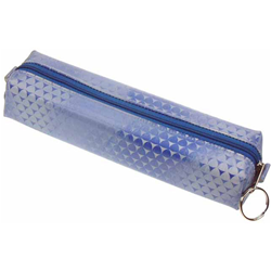 Lenticular pencil case with blue triangles on a silver and blue gradient background, flip