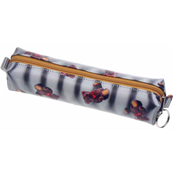 Lenticular pencil case with teddy bears on a black and white striped background, depth