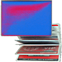 Lenticular credit card ID holder with red and blue gradient, color changing