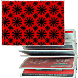 Lenticular credit card ID holder with red spinning wheels on white background, animation