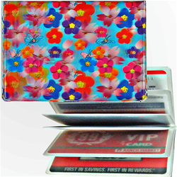 Lenticular credit card ID holder with red, blue, pink, and purple flowers, depth