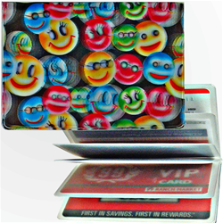 Lenticular credit card ID holder with small rainbow multicolored happy faces, depth