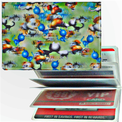 Lenticular credit card ID holder with dogs barking and cats meowing, green background, depth