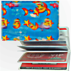 Lenticular credit card ID holder with stars, moons, dogs, clouds, and sky, depth