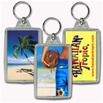 Lenticular acrylic key chain with custom design, man holding coconut on Hawaiian tropical beach, flip