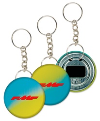 Lenticular key chain bottle opener with yellow, blue, and green, color changing with