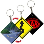 Lenticular foam key chain with diamond road sign shaped, winding road and caution sign, flip