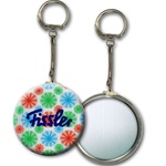 Lenticular key chain with red, blue, and green spinning wheels, white background, animation