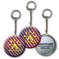 Lenticular key chain with American flag stars and stripes, red, white, and blue, color changing flip
